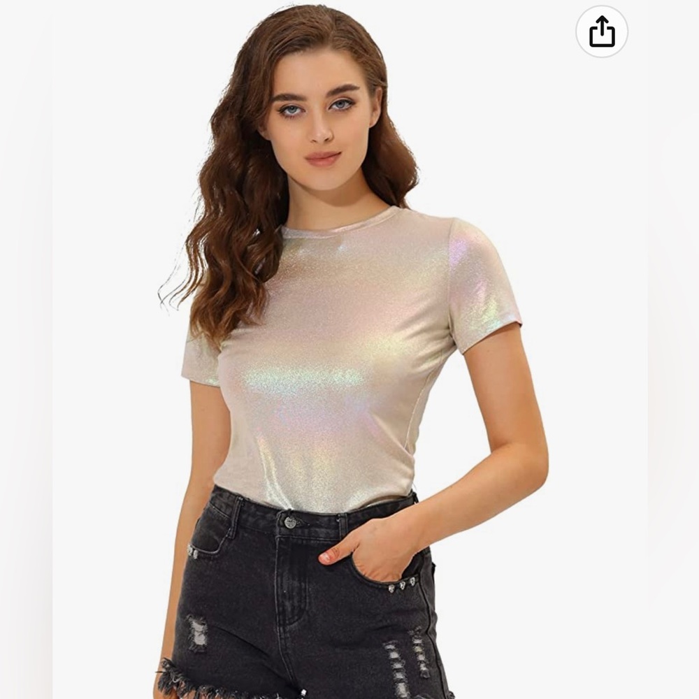 Metallic Textured Short Sleeve Shiny Multicolor Top